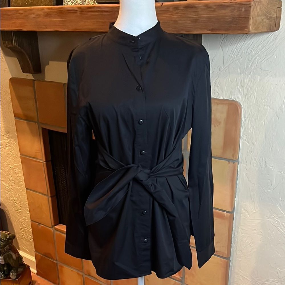 Tibi Satin Poplin Tie-front Shirt, Black, size 8